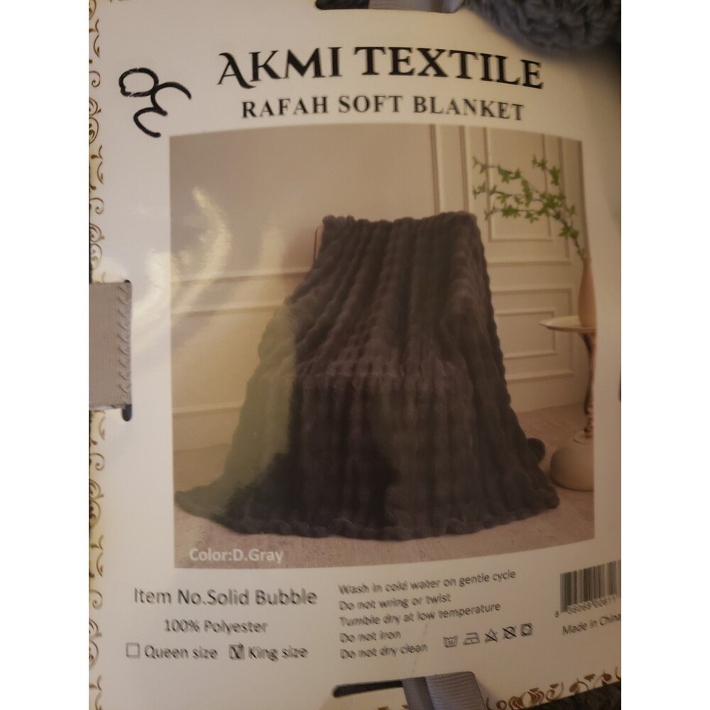 AKMI Textile Rafah Soft Gray Print 100% Polyester Plush Blanket New